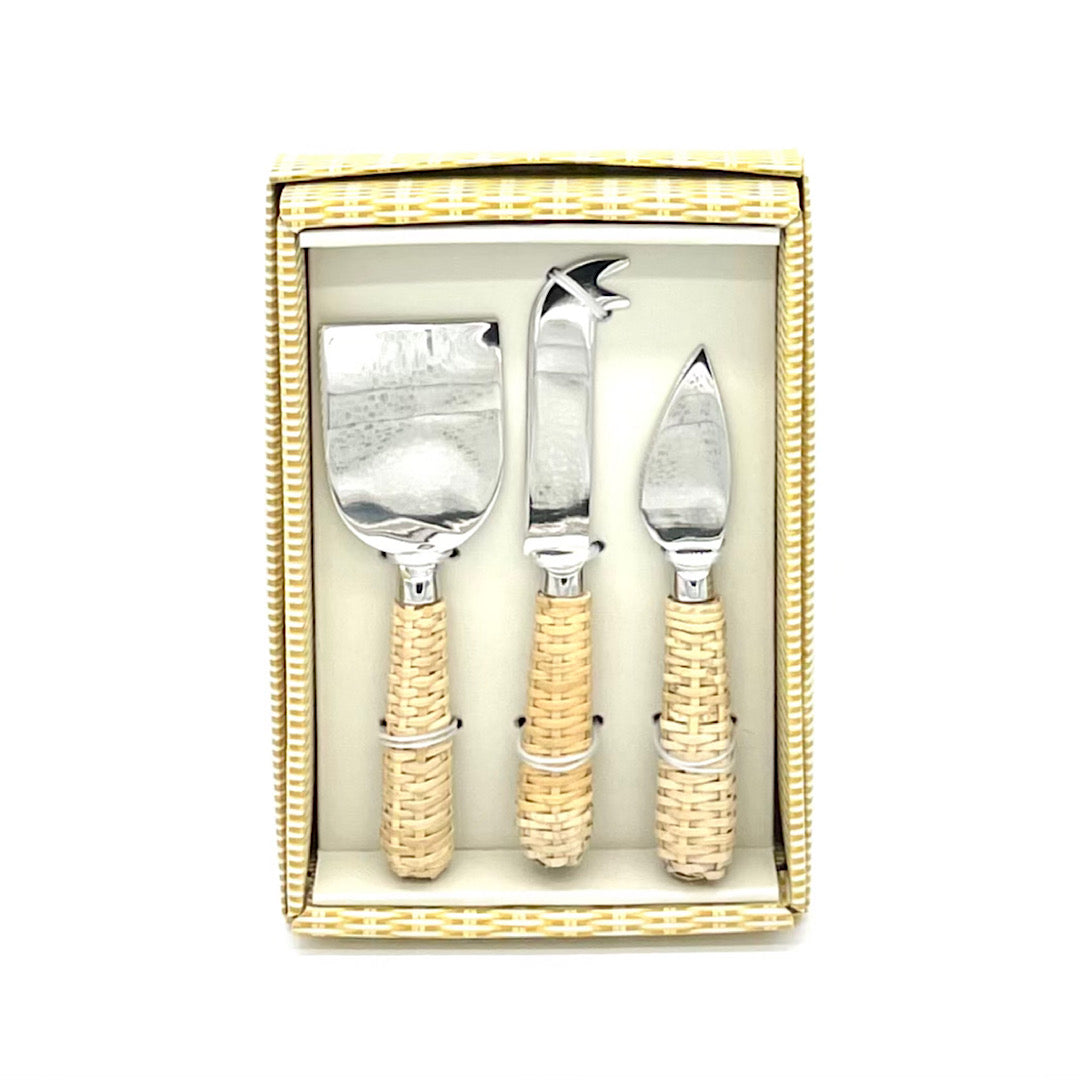 Cheese Knife Serving Set With Wicker Weave Handles