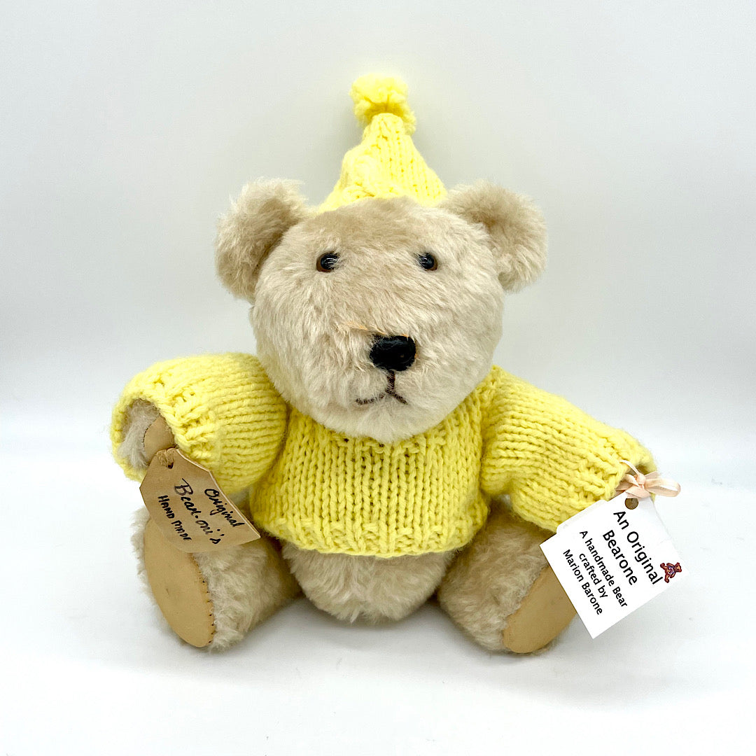 Handmade Stuffed Baby Bear with Hand Knit Yellow Sweater and Hat