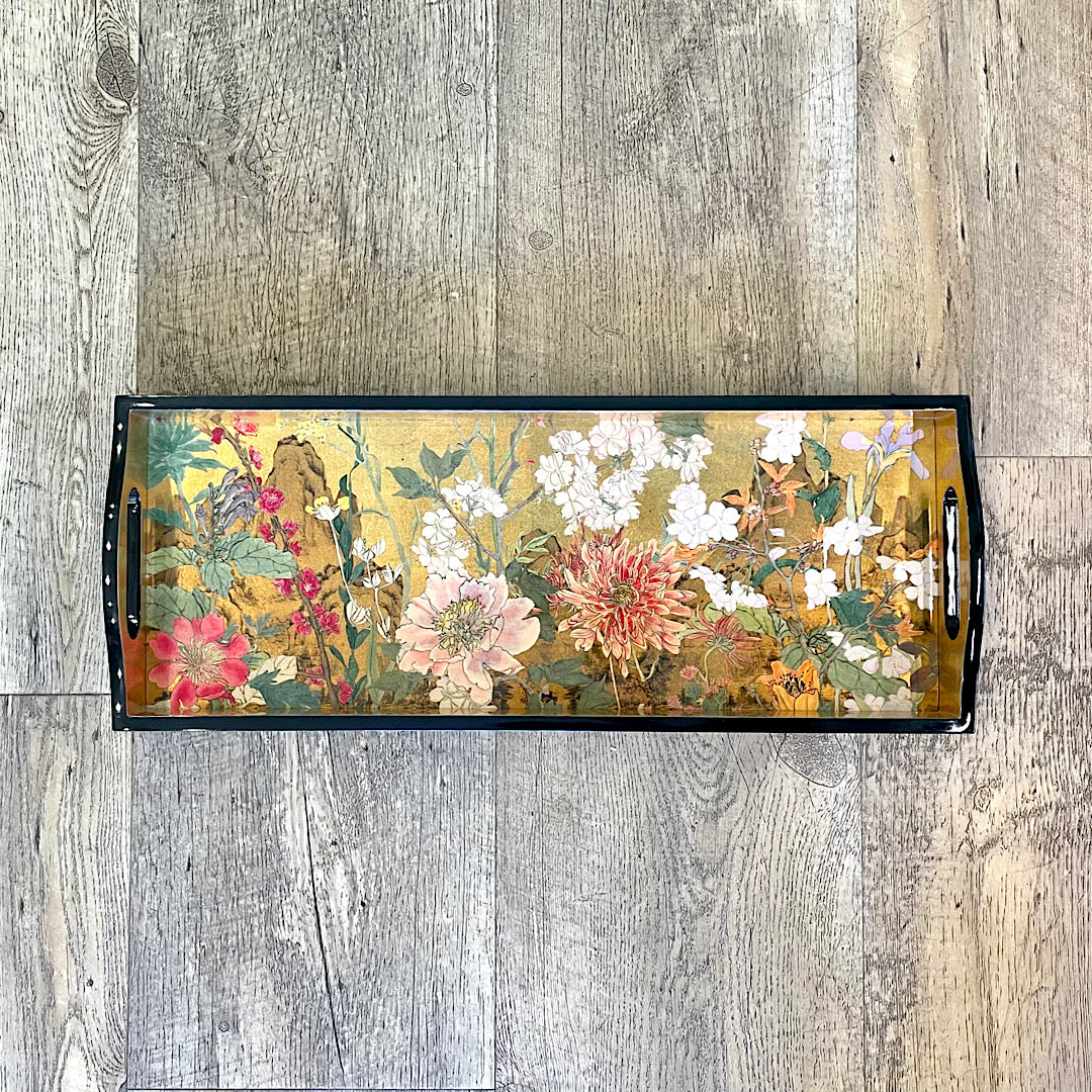 Floral and Gold Rectangular Lacquer Tray - "Mountain High"