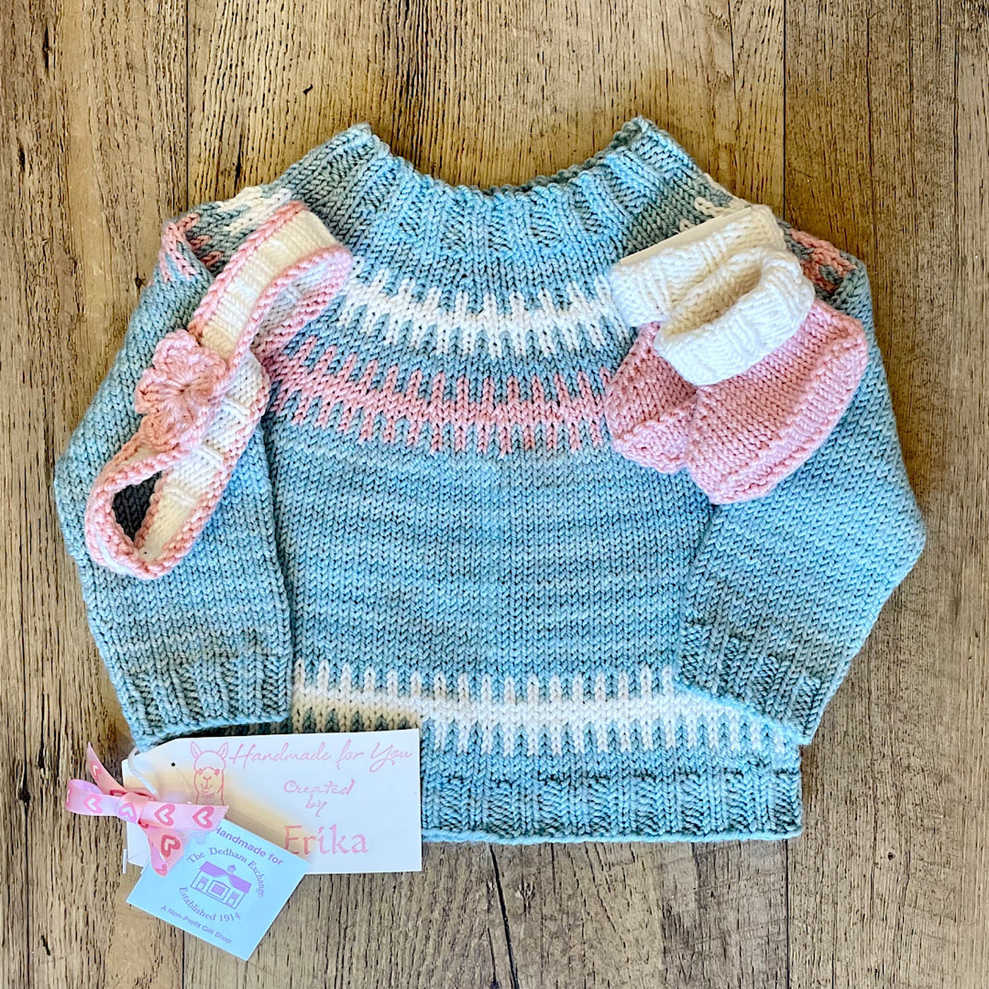Hand Knit Teal Blue and Pink Sweater, Booties and Headband Set