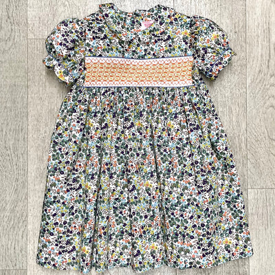 Handmade smocked floral dress in green, gray blue and coral with coral  smocking