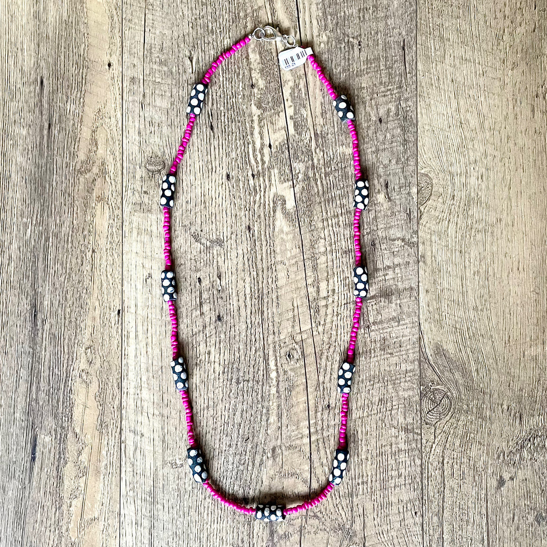 Handcrafted  Fuschia Bead Necklace with Krobo Glass Beads