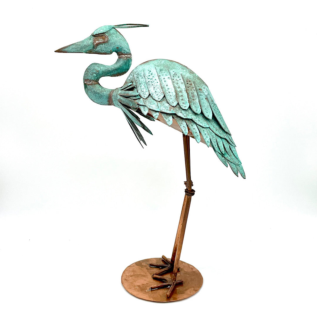 Handcrafted Copper Heron Sculpture